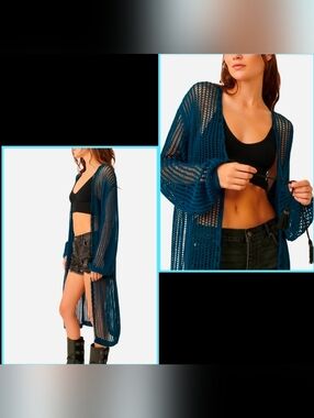 Free People Knit Open Cardigan + Bead Work Sz Medium Blue NWT$198